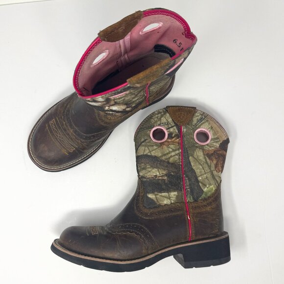 Ariat Pink Camo Brown Leather Western Cowboy Boots Women's Size 6.5 - Picture 1 of 10